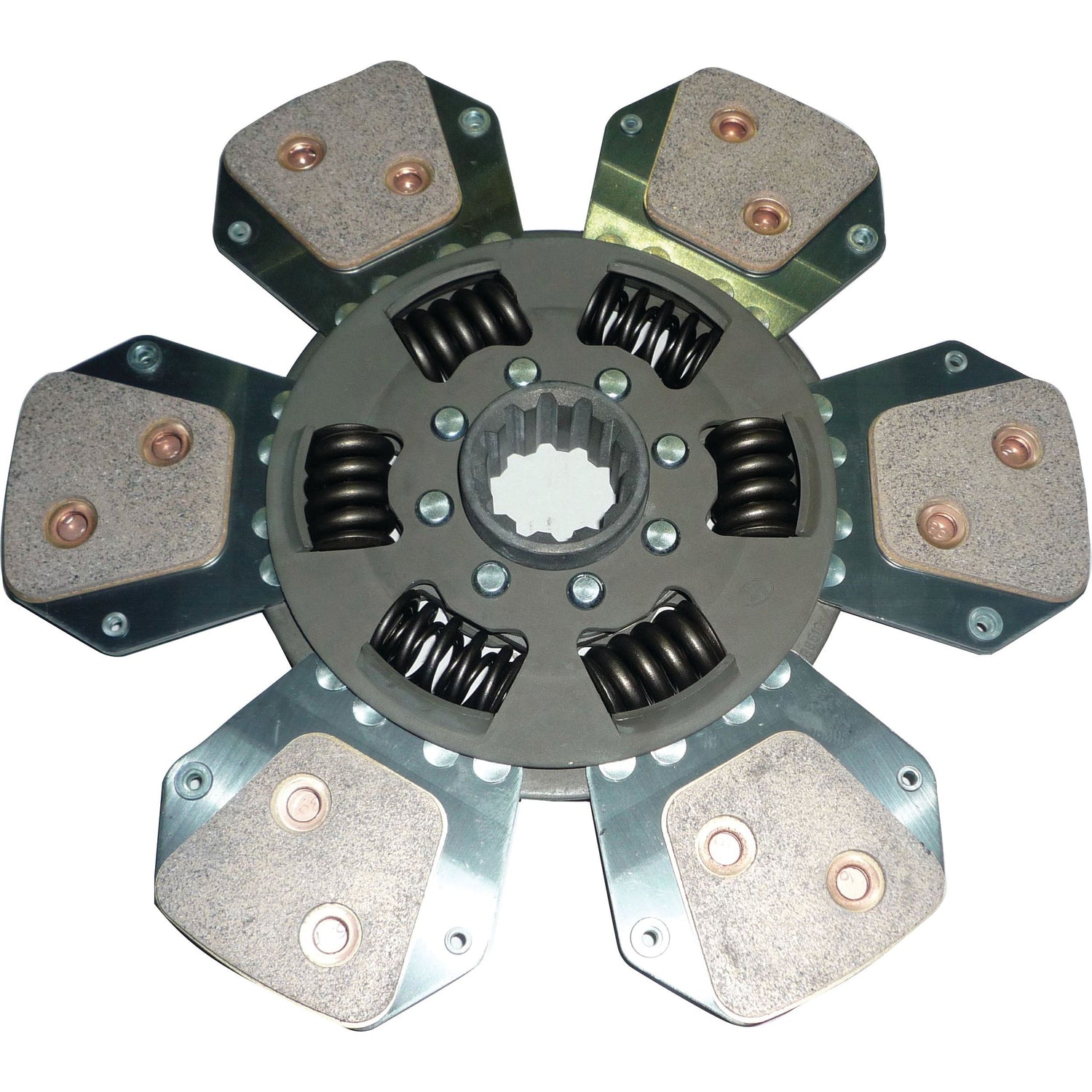 The Sparex Clutch Plate - S.145717 features six paddles with cerametallic friction material and centrally located torsion springs, arranged in a radial pattern.