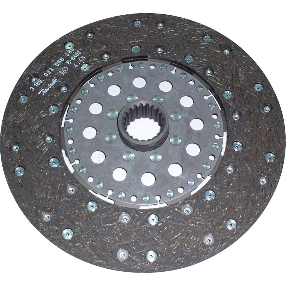 The Sparex Clutch Plate - S.145725 is a circular disc with a metal center and an outer ring made of organic lining material, featuring multiple holes, 20 splines, and rivets around its 280mm surface.
