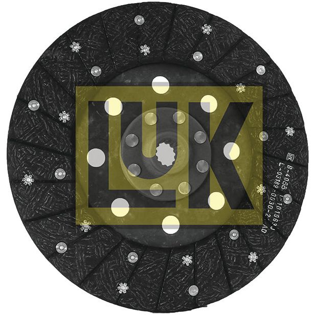 Image of a black Clutch Plate - S.145728 with silver rivets, partially overlaid by a semi-transparent yellow 'LUK' logo, highlighting its technical specifications. The product is branded as Sparex.