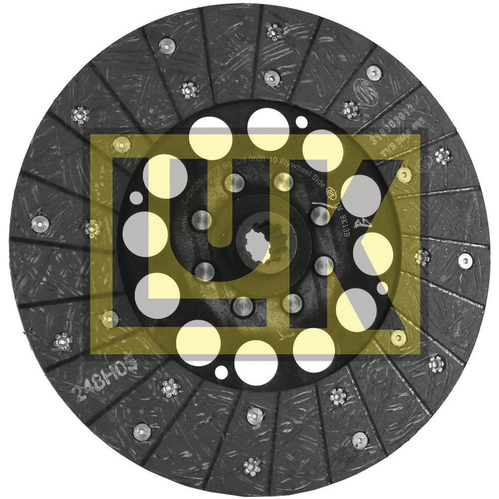 A Sparex Clutch Plate - S.145733 is a black, circular automotive component featuring splines 10 and adorned with a patterned yellow overlay that includes circular cutouts arranged in rows.