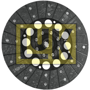 A Sparex Clutch Plate - S.145733 is a black, circular automotive component featuring splines 10 and adorned with a patterned yellow overlay that includes circular cutouts arranged in rows.
