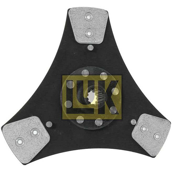 The Clutch Plate - S.145734 from Sparex is a three-pointed mechanical component with a central gear and three metal pads, measuring 280mm in diameter. The yellow LUK logo is prominently displayed at the center. This rigid, cerametallic component seems to be part of an automotive or industrial mechanism.