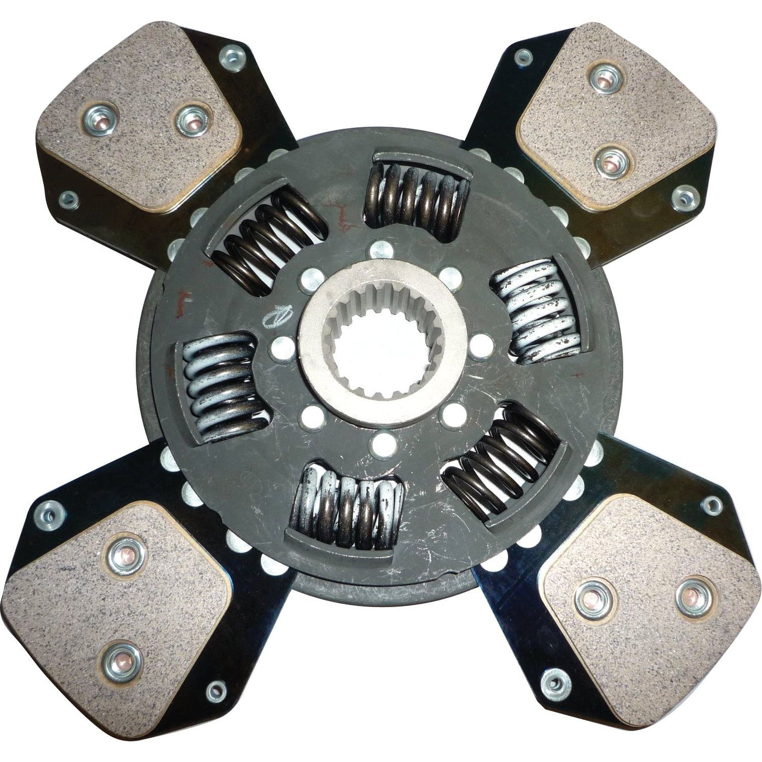 A close-up view of the Sparex Clutch Plate - S.145738 with a four-paddle design highlights its visible springs and torsion sprung system, showcasing the cerametallic lining that enhances durability.