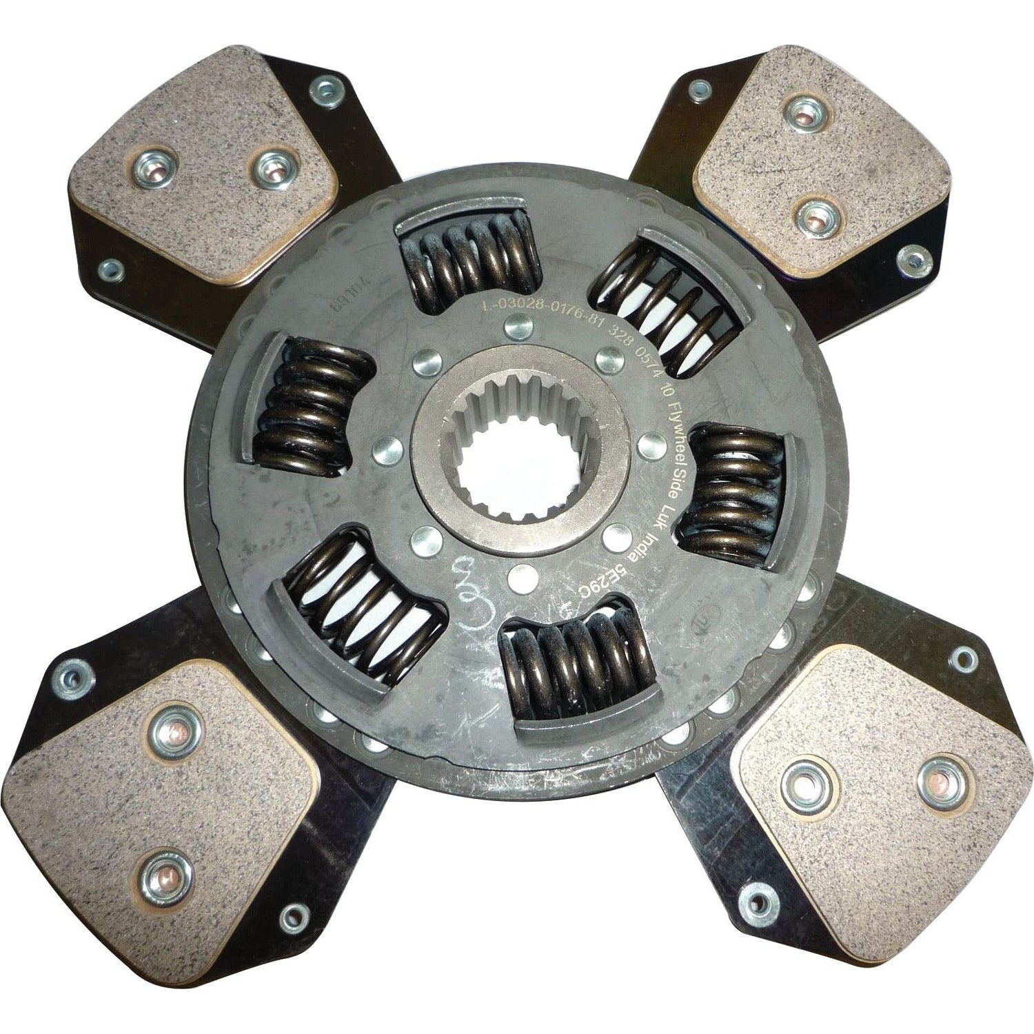 A metallic disc component known as the Clutch Plate - S.145738 by Sparex, featuring four pads each secured with two bolts, and a center hole surrounded by torsion springs.