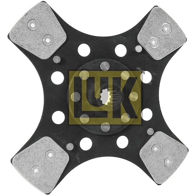 A black and silver Clutch Plate - S.145740 from Sparex, featuring multiple holes, a yellow "LUK" logo in the center, and precise splines designed for optimal performance.