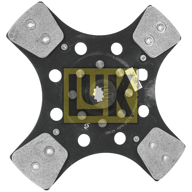 The Clutch Plate - S.145740 by Sparex is a square metal component featuring four protruding arms, each equipped with two silver pads and central holes. At the center lies a round gear mechanism essential for compatibility. The image is marked with the text "LUK" in yellow.