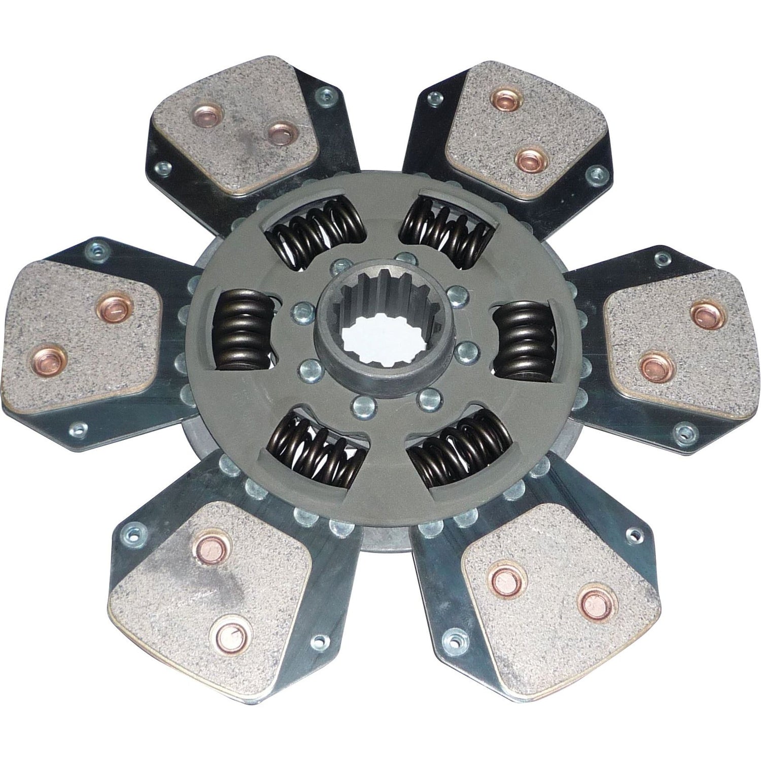 Introducing the Clutch Plate - S.145741 by Sparex: a high-performance automotive clutch plate featuring six metallic friction pads, multiple coiled springs around a central spline hub, torsion sprung design, and crafted with durable cerametallic lining material.
