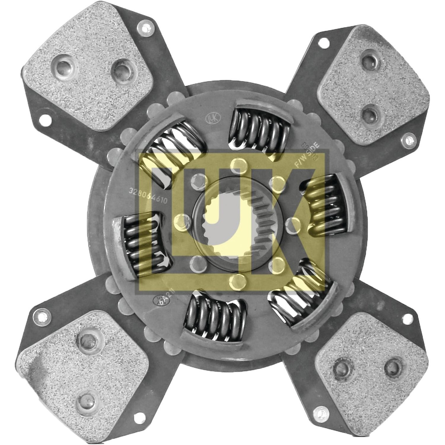 Close-up of the Sparex Clutch Plate - S.145745, highlighting its four metal arms with friction pads and central coiled springs arranged in a circular pattern, showcasing cerametallic splines that enhance durability and performance.