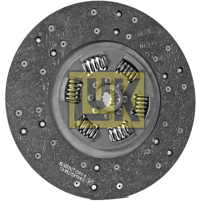 This image shows a Sparex branded Clutch Plate - S.145754, featuring a circular design with multiple springs, textured friction surfaces, and splines. The disc size and organic lining material contribute to its superior performance.