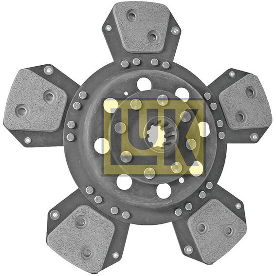 Image of the Clutch Plate - S.145765, a metal mechanical component with six protruding arms, each tipped with a rectangular pad. The central area shows a mesh pattern with the "LuK" logo overlayed in yellow. Designed for precision by Sparex, this part features Cerametallic Lining Material and 10 splines for enhanced performance.