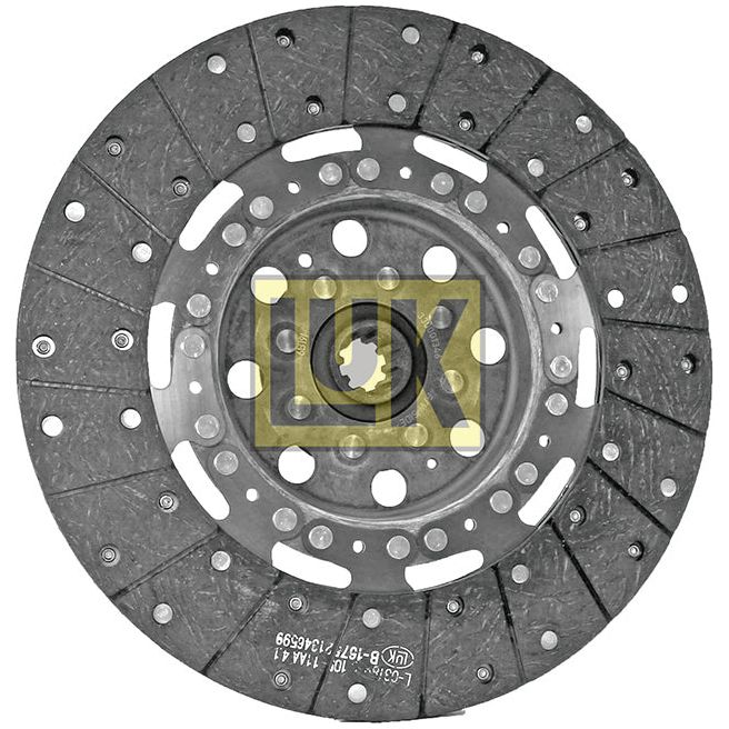 Close-up of a circular metallic clutch disc with a patterned surface and multiple holes, featuring a central hub and the Sparex brand logo, perfect for Massey Ferguson tractors. Product Name: Clutch Plate | Sparex Part No. S.145766.