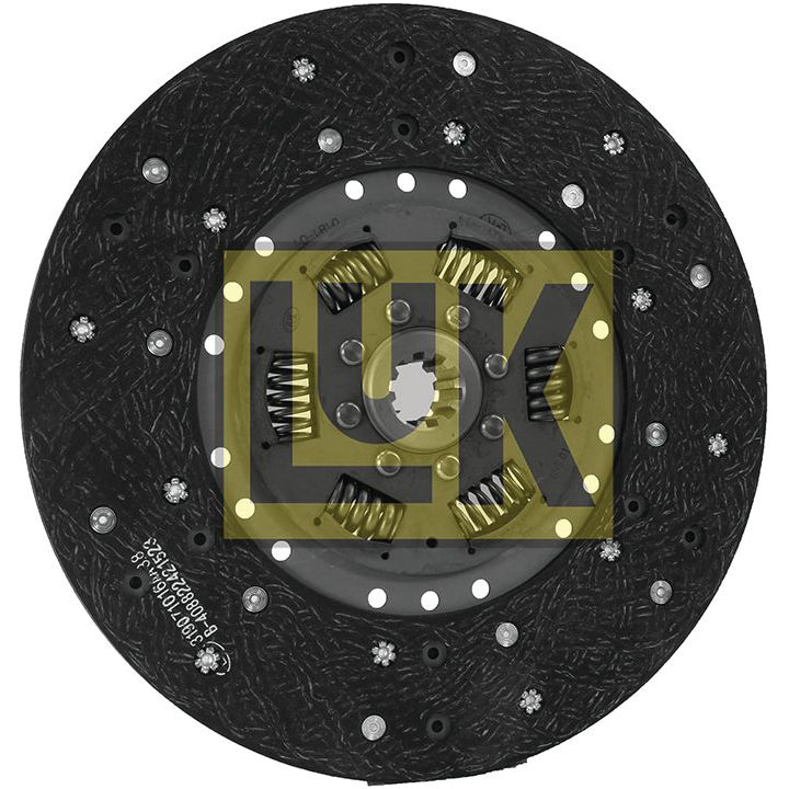 A black Sparex Clutch Plate - S.145768 with a textured surface and visible torsion springs in the center, displaying the company's logo over the product. This 295mm disc features an organic lining material for optimum performance.