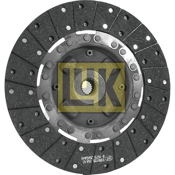 The Sparex Clutch Plate - S.145774 is a circular disc with "LUK" printed in the center. Measuring 300mm in diameter, it features evenly spaced rivets and a central spline hub, as well as an organic lining material for enhanced performance and durability.