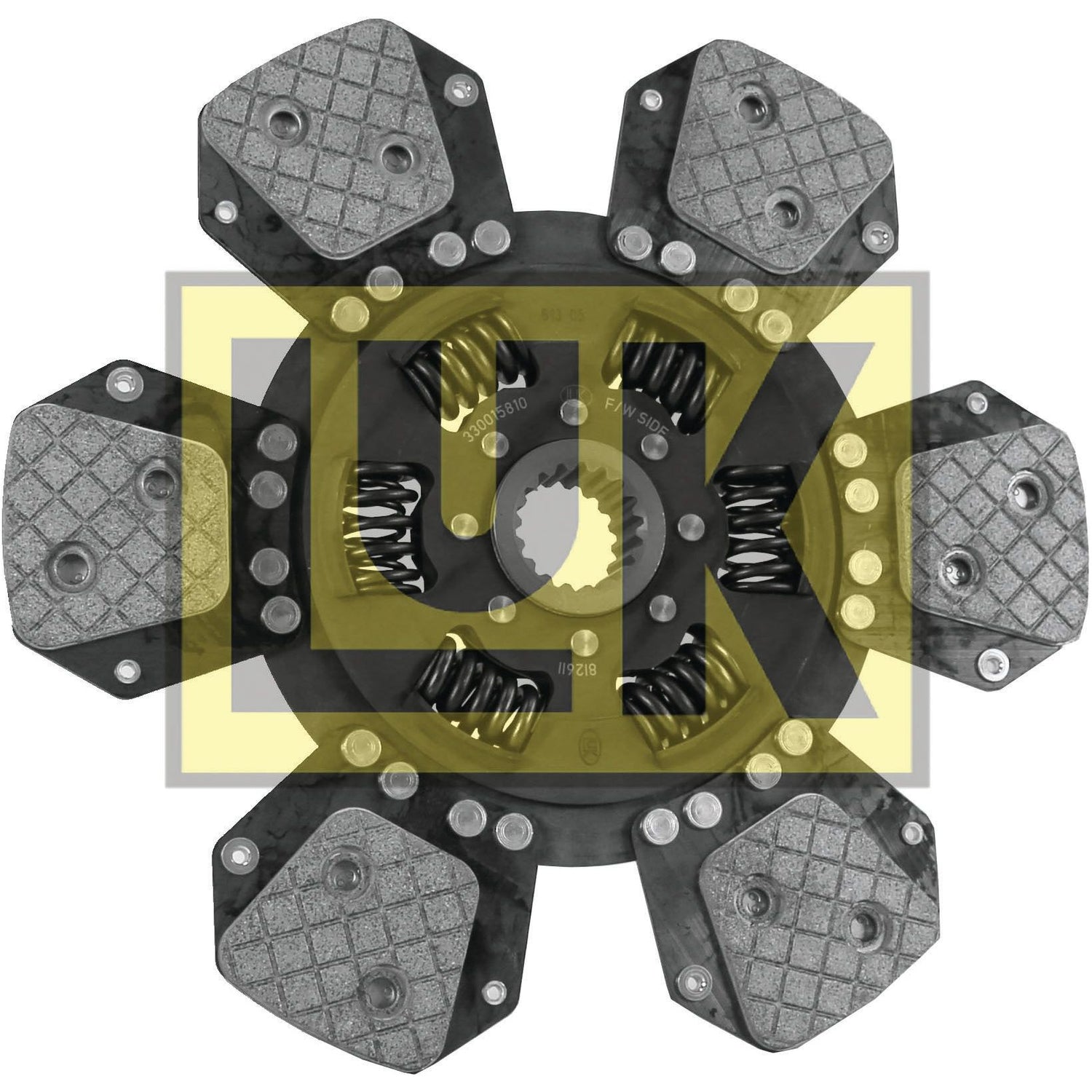 The Clutch Plate - S.145785 by Sparex features a multi-spring design with cerametallic friction pads in a hexagonal pattern. It boasts an overlapping yellow and black "LUK" logo on the surface, has a disc size of 300mm, and is equipped with Splines 18 to enhance performance.