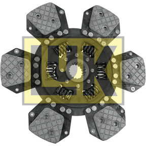 The Clutch Plate - S.145785 by Sparex features a multi-spring design with cerametallic friction pads in a hexagonal pattern. It boasts an overlapping yellow and black "LUK" logo on the surface, has a disc size of 300mm, and is equipped with Splines 18 to enhance performance.