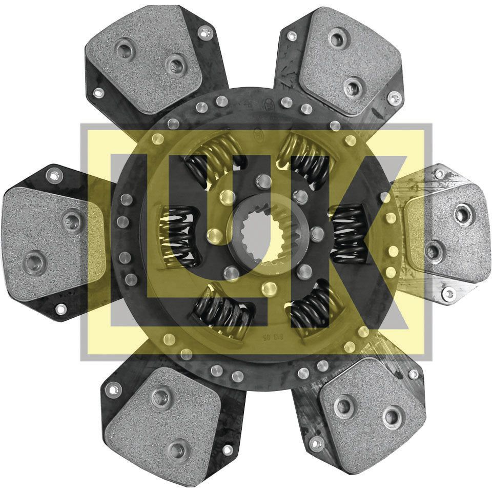 The Sparex Clutch Plate - S.145785 is a 300mm disc with six paddles, featuring a central hub equipped with six coil springs. Each paddle is lined with cerametallic friction pads and adorned with an overlaid transparent logo.