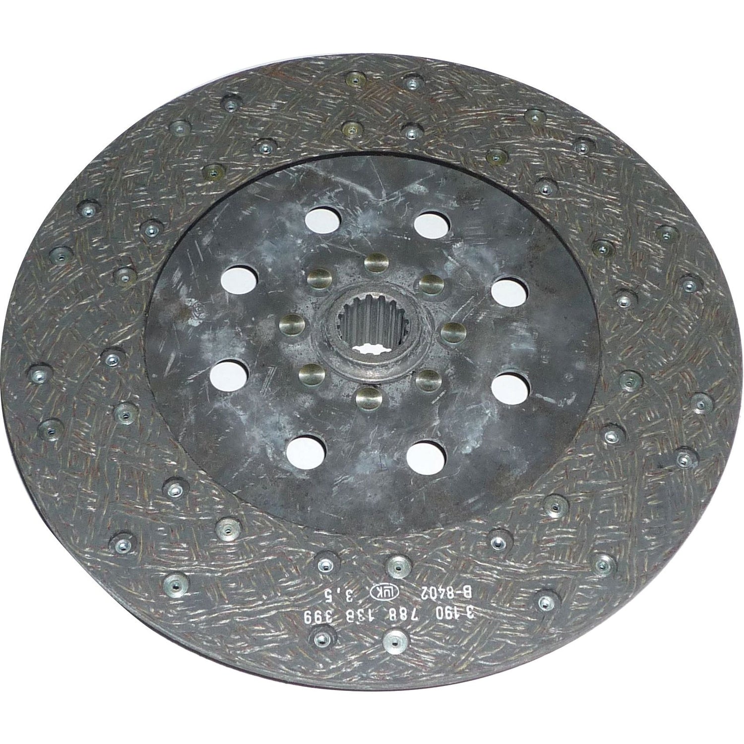 The Sparex Clutch Plate - S.145792 features a circular, metal center with 16 splines and multiple holes, along with a 310mm organic lining that has a textured, frictional surface around the edges.