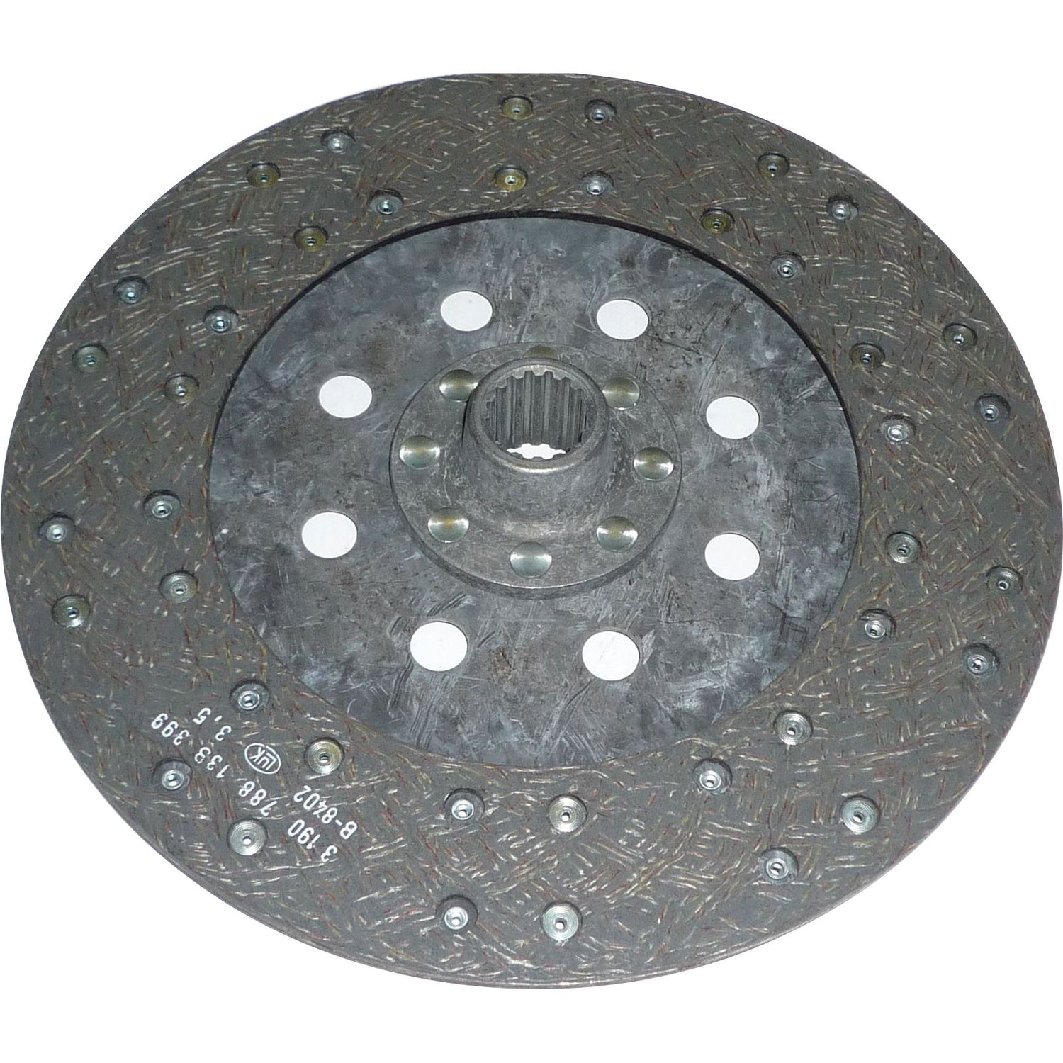 The Clutch Plate - S.145792 by Sparex is a round, metallic automotive clutch disc featuring a central spline hole and multiple white circular spots around the inner circle. Its surface displays textured patterns, metal ridges, and durable lining materials to ensure reliable performance.
