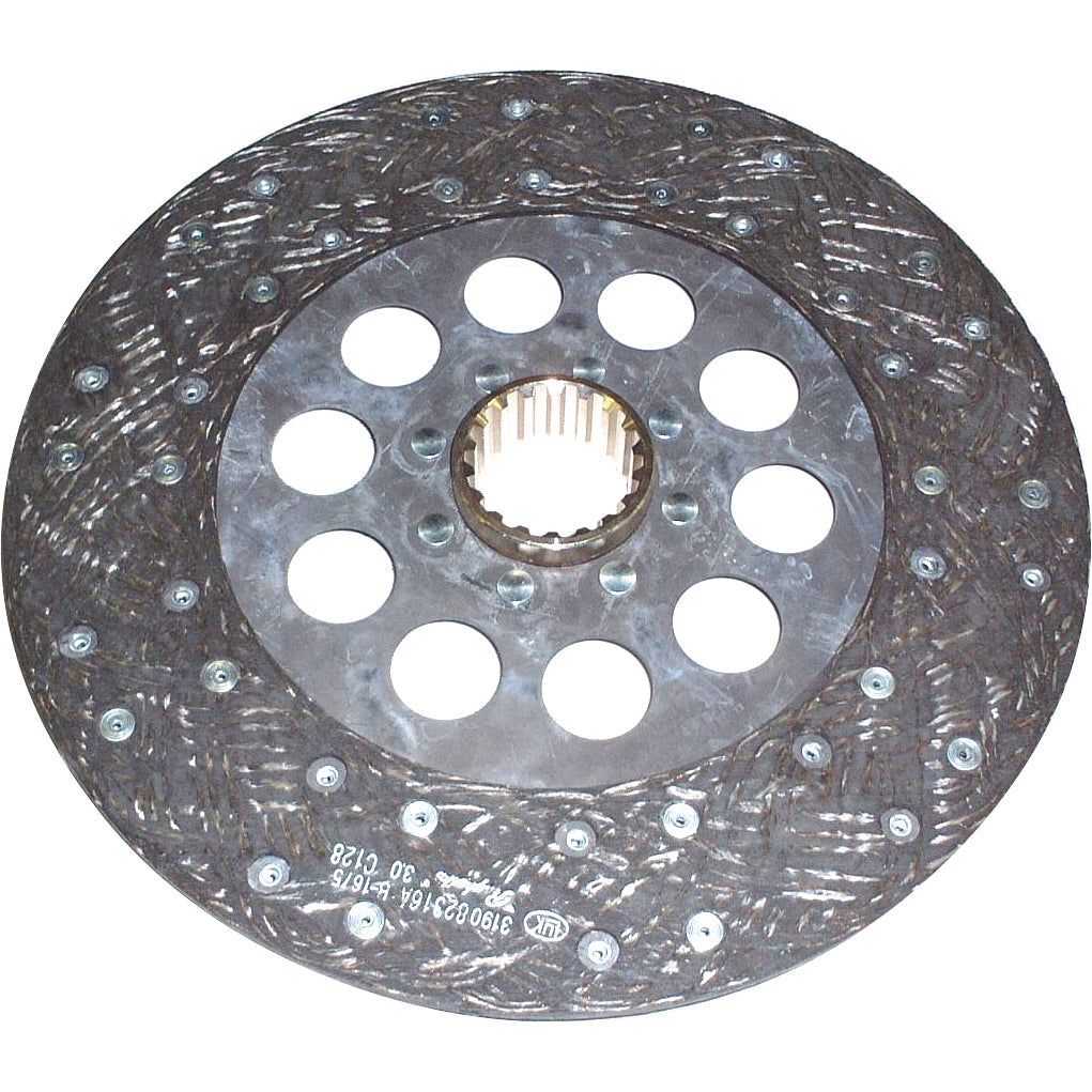 The Sparex Clutch Plate - S.145794 is a 310mm circular disc featuring a central hub with multiple holes around the hub area, an organic lining friction material surface, and several evenly spaced rivets. It also includes 18 splines for secure engagement.
