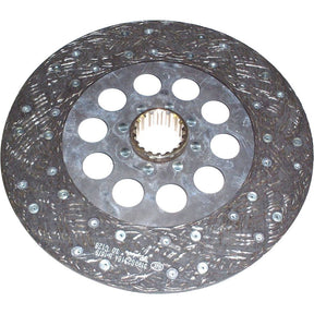 The Sparex Clutch Plate - S.145794 is a 310mm circular disc featuring a central hub with multiple holes around the hub area, an organic lining friction material surface, and several evenly spaced rivets. It also includes 18 splines for secure engagement.