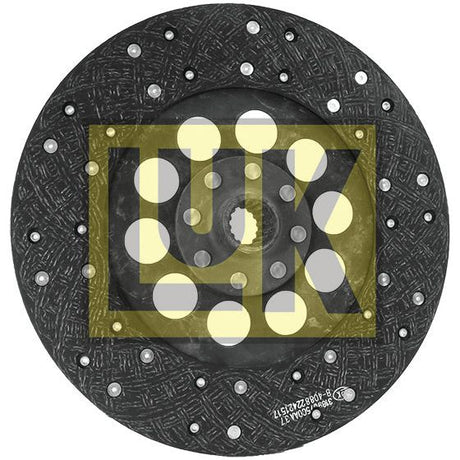 A black and textured automotive clutch disc, named Clutch Plate - S.145804 by Sparex, features an Organic Lining Material and bears the Luk logo in the center, with white circular markings distributed on its surface. The disc size accommodates various vehicles, while the precision-engineered splines ensure a perfect fit.