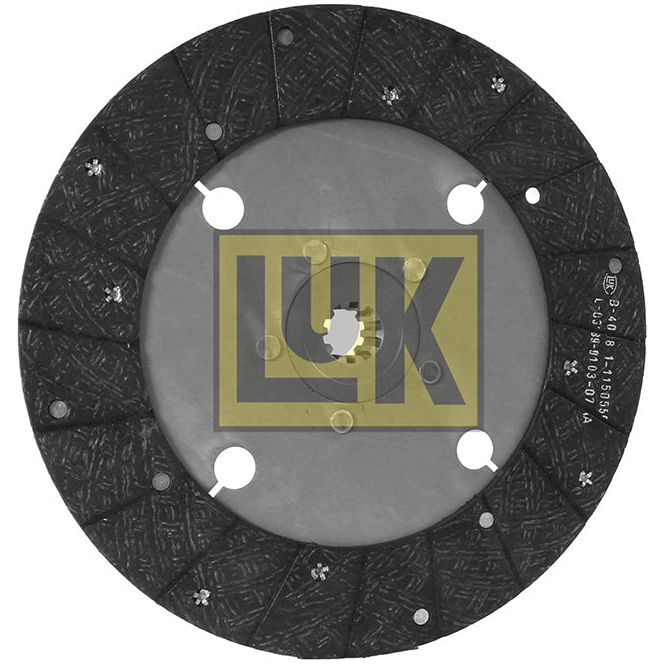 The Sparex Clutch Plate - S.145813 is a circular disc with a textured black outer ring and features a logo with the letters "LK" in the center. The disc has a diameter of 305mm, includes several holes around its perimeter, and appears to be constructed from metal and composite materials. It is designed for use in David Brown Tractors and utilizes organic lining material.