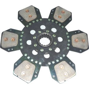 The Clutch Plate - S.145817 from Sparex is a six-paddle cerametallic clutch disc featuring a 310mm metal center hub and dual segment cushion friction materials on each paddle, designed for use in automotive transmissions.