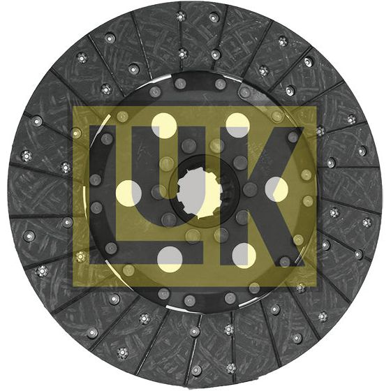 Image of a circular Sparex Clutch Plate - S.145824 with a rigid design, featuring organic lining and a series of small rivets around its circumference.
