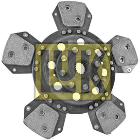 A metal clutch plate, model S.145828 by Sparex, with five protruding segments and hexagonal friction pads, featuring sturdy splines, viewed against a white background with a partially visible "LuK" logo overlay.