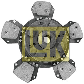 Image of a multi-paddle clutch disc with the "Sparex" logo overlaid in yellow, showing six friction pads and a torsion sprung central hub spline. (Product Name: Clutch Plate - S.145829)