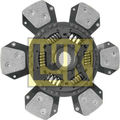 Image of the Sparex Clutch Plate - S.145833 featuring six paddles with visible metallic components and springs. The central hub showcases a robust spline pattern design, with the product name prominently displayed on the disc. It is enhanced with a Cerametallic Lining for increased durability.