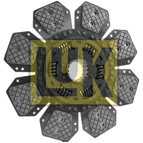 Close-up image of a mechanical component, featuring a circular assembly with triangular metallic segments and visible springs. The Torsion Sprung design ensures optimal performance. A large, translucent yellow "Sparex" logo is overlaid in the center, highlighting the Clutch Plate - S.145840.