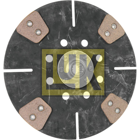 A round black clutch disc from Sparex, product number S.145845, featuring the yellow Luk logo at its center and four triangular friction pads equally spaced around the perimeter, ideal for John Deere machinery.