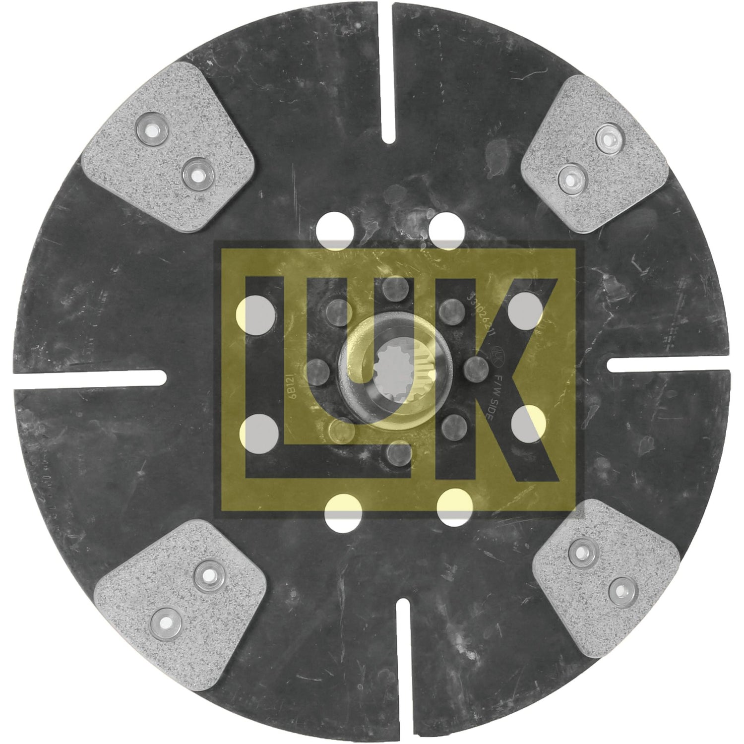 Close-up of a black circular automotive part, identified as the Clutch Plate - S.145845 from Sparex, featuring a central cerametallic component and multiple holes, marked with the "LUK" logo over a yellow background.