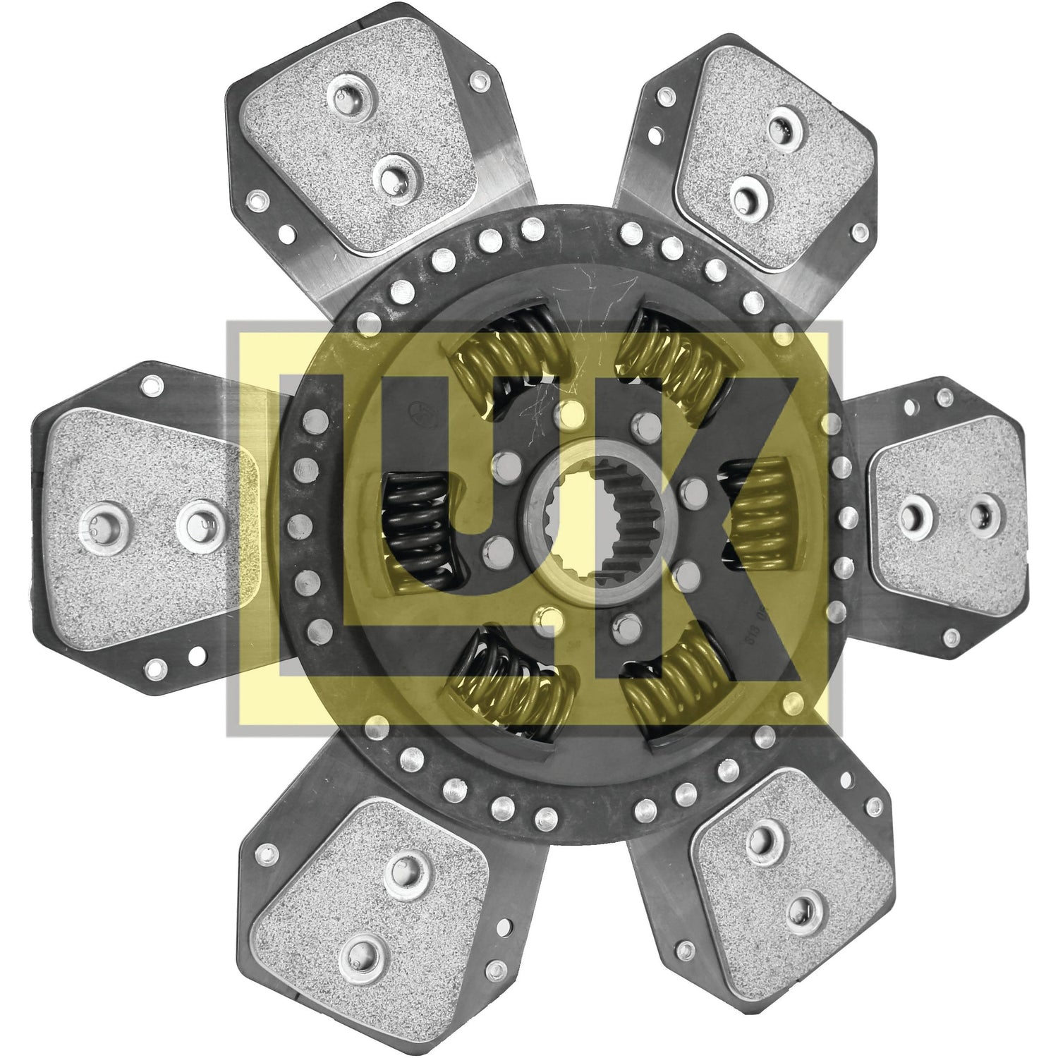 Image of a 310mm vehicle clutch disc with a "Sparex" logo superimposed in the background. The cerametallic Clutch Plate - S.145850 features a six-paddle design with torsion sprung friction pads and center springs clearly visible.