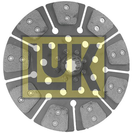 The Clutch Plate - S.145852 from Sparex is a circular clutch disc with friction pads arranged in eight segments, featuring the yellow "LUK" logo at the center. It measures 310mm in diameter, has 10 splines, and includes a cerametallic lining material for enhanced durability.