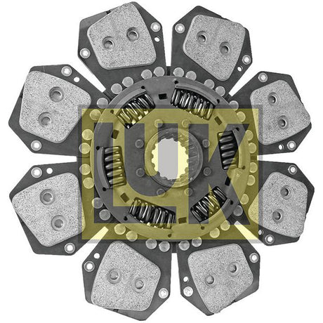 Close-up of the Clutch Plate - S.145853 by Sparex, featuring a mechanical disc mechanism with eight segmented pads, torsion sprung central springs, and a cerametallic gear in the middle.