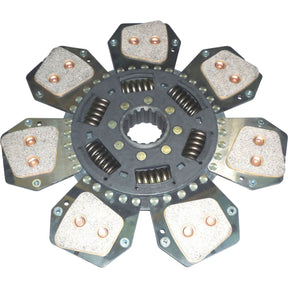 The Clutch Plate - S.145855 by Sparex features six cerametallic and composite pads arranged in a radial pattern, equipped with torsion sprung springs and a central spline hub.