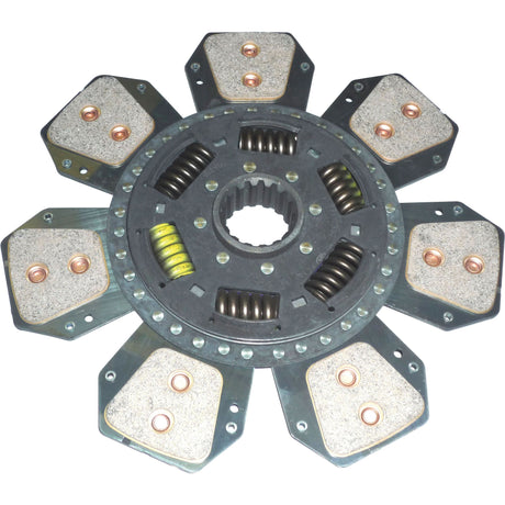 A Sparex Clutch Plate (S.145855) is a metallic, disc-shaped mechanical component with eight segments and several springs, likely featuring a cerametallic lining as part of a torsion sprung disc assembly.