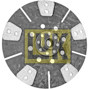 A round metallic component with several bolts and a black central hub, marked with the text "LUK" overlaid in yellow, designed to fit various John Deere models. This is the Clutch Plate - S.145857 from Sparex.