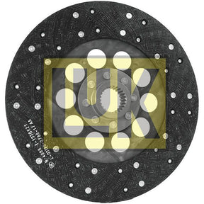 The Sparex Clutch Plate - S.145858 is a black and gray automotive component featuring a central spline hub with multiple small white dots. The letters "LUK" are prominently displayed in yellow across the center, highlighting its precision-engineered splines.