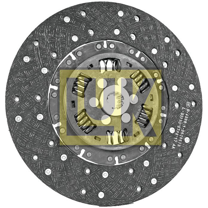 The Sparex Clutch Plate - S.145859 is a circular vehicle clutch disc featuring a dark friction surface, a central hub, dampening springs, and metal fasteners. The product includes various markings and a yellow logo overlay in the foreground, boasting a disc size of 310mm, making it ideal for torsion-sprung systems.