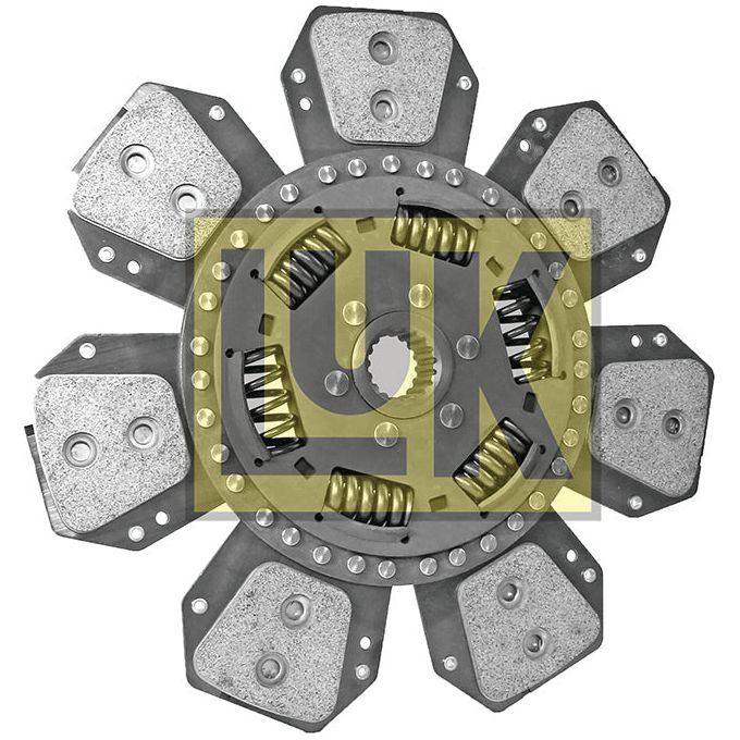 A multi-paddle clutch disc with a visible central hub and six friction paddles, featuring the "Sparex" brand logo overlaid in yellow. The disc, identified as Clutch Plate - S.145860, boasts a Cerametallic Lining Material and has a Disc Size of 310mm.