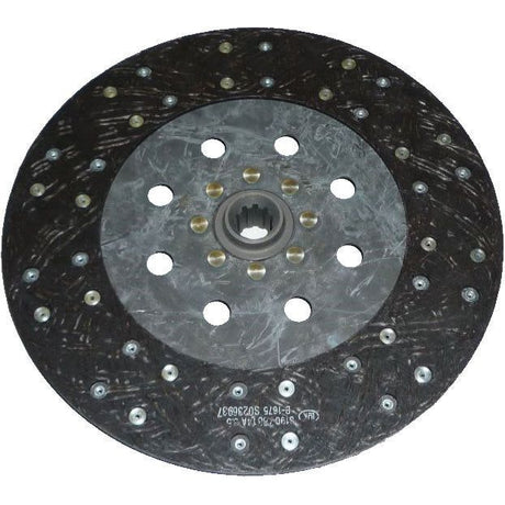 The Sparex Clutch Plate - S.145862 is a black disc with a gray center featuring organic lining material and multiple small holes arranged in spoke-like patterns around the disc.