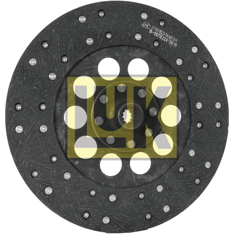 The Sparex Clutch Plate - S.145863 is a black, circular clutch disc with a 310mm diameter and an organic lining material. It features small bolts and a central opening marked with the "Luk" logo at its center.