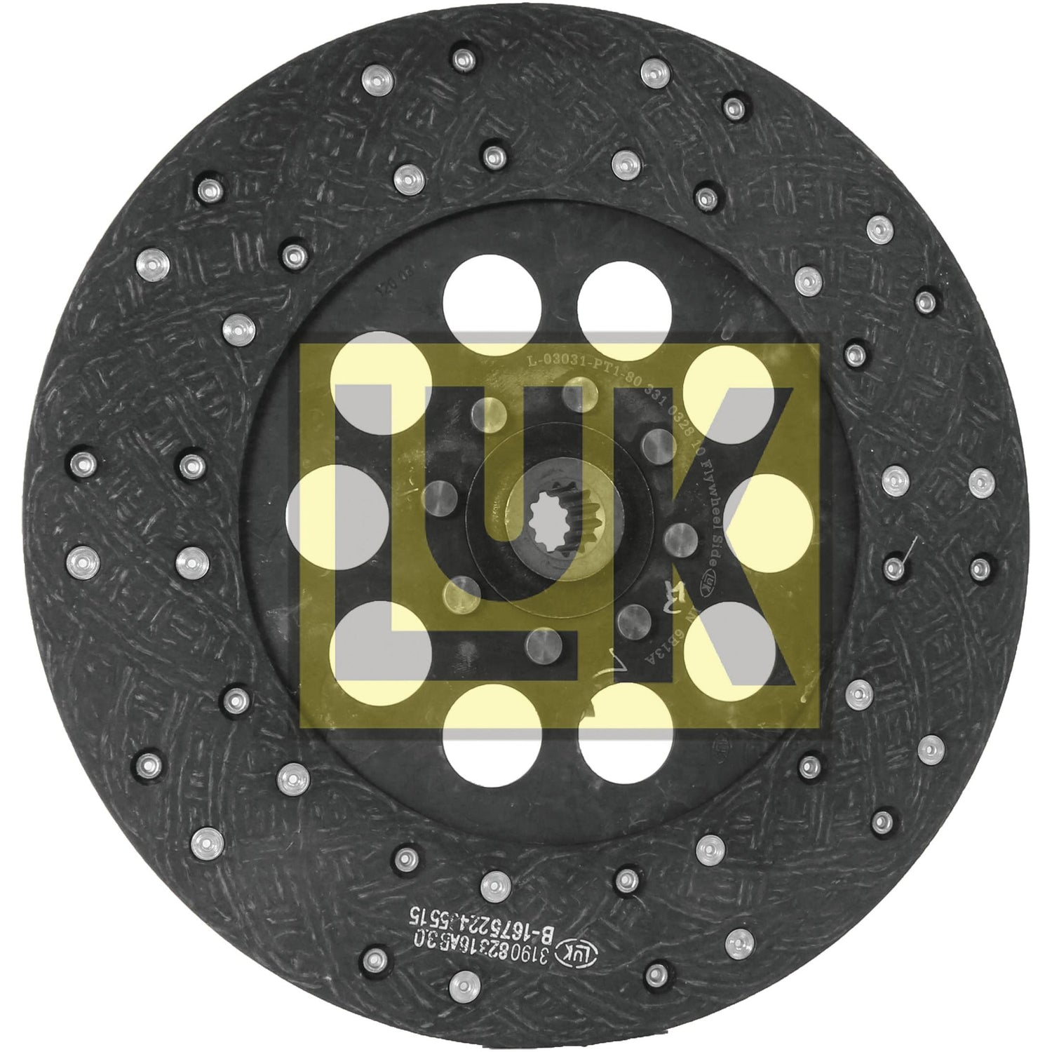 Close-up of the Sparex Clutch Plate - S.145863, showcasing its circular design with 13 splines, multiple holes, and an organic lining material on its textured surface.