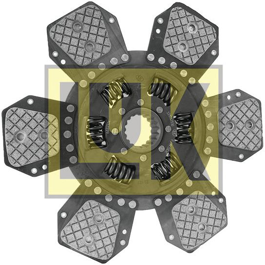 Introducing the Clutch Plate - S.145865 by Sparex: A mechanical clutch disc featuring six friction paddles, integrated springs, and a high-performance cerametallic lining material, all displayed against a white background.