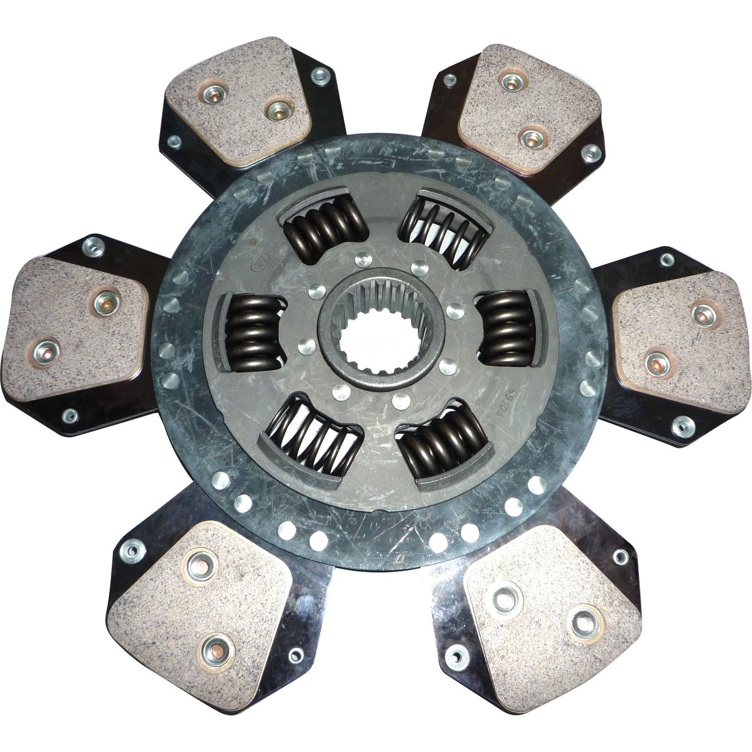 Here's an image of the Clutch Plate - S.145867 by Sparex, featuring a six-puck design with cerametallic friction materials and torsion sprung dampeners, used in automotive transmissions to transfer power from the engine to the drivetrain.