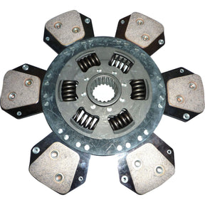 Here's an image of the Clutch Plate - S.145867 by Sparex, featuring a six-puck design with cerametallic friction materials and torsion sprung dampeners, used in automotive transmissions to transfer power from the engine to the drivetrain.