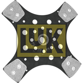 A Sparex Clutch Plate - S.145868 automotive component with the LUK logo. The rigid unit features a central spline, multiple mounting holes, and four friction pads on each corner.